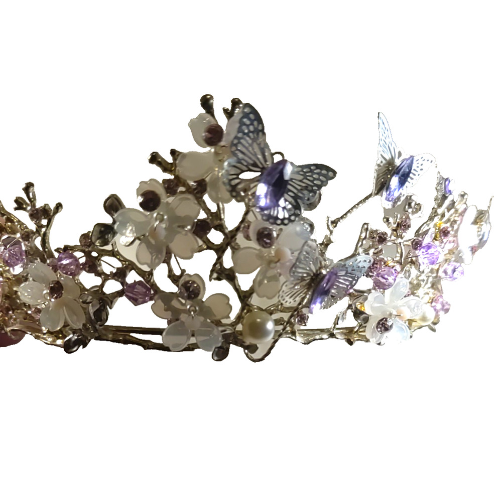 Butterfly Tiara Gold Tone Purple White Rhinestone Crown Wedding Cosplay Nature
